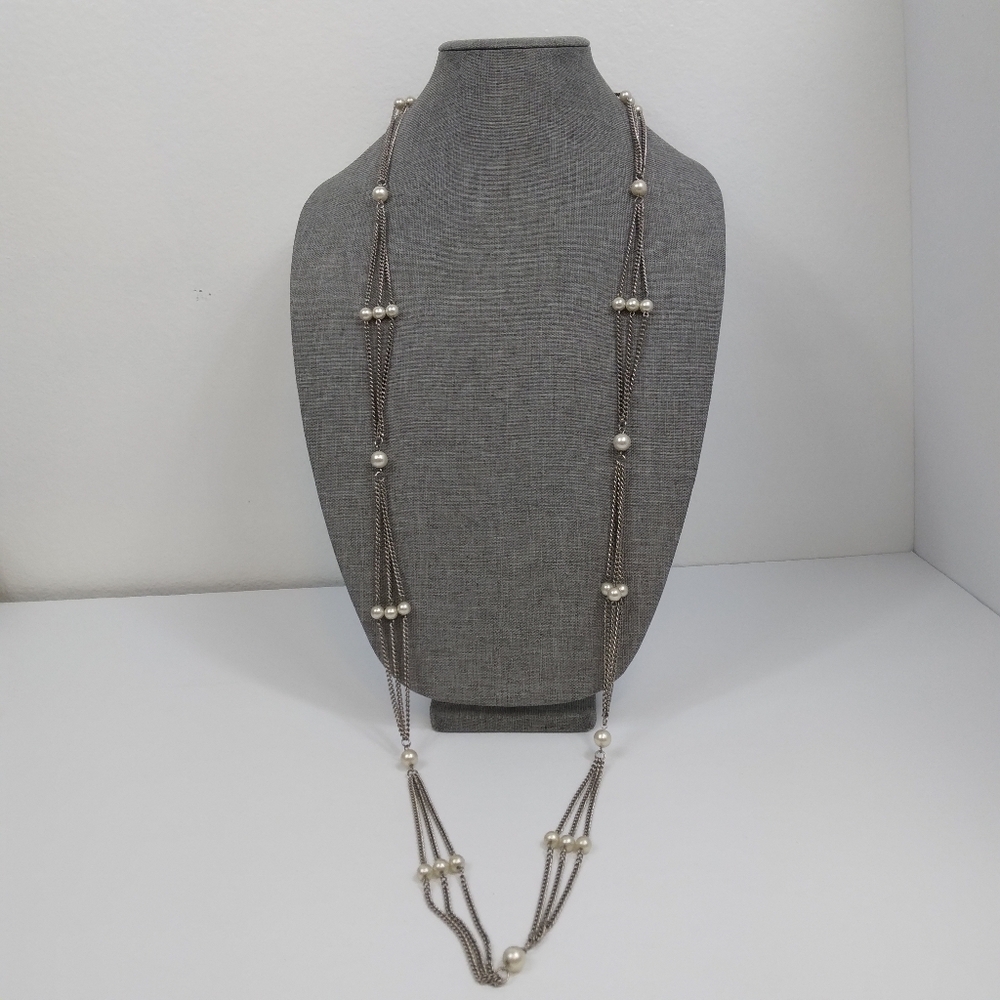 Vintage 26" Silver Tone Sectioned Chain with Faux Pearls Unsigned